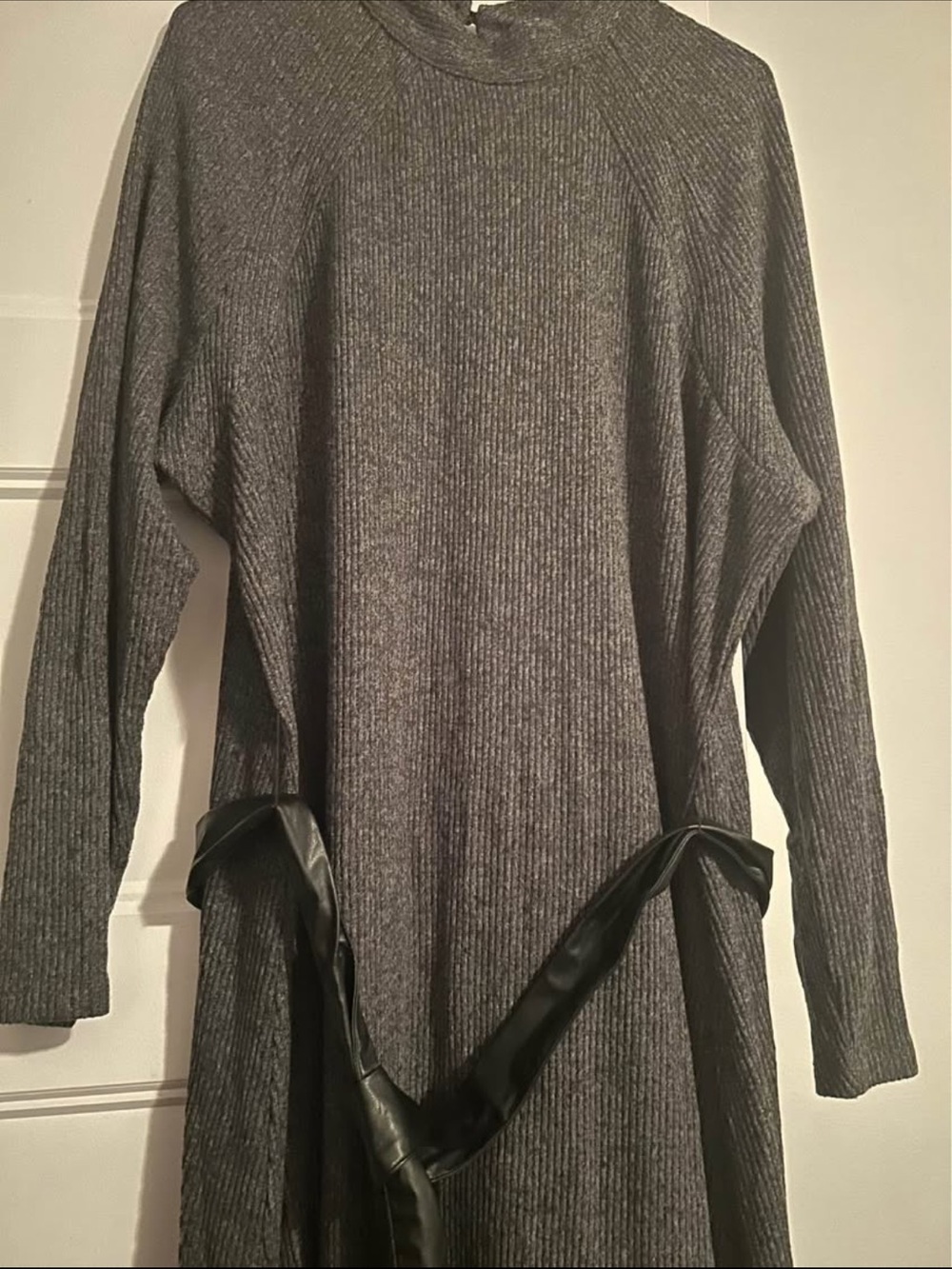 ASOS Ribbed Long Sleeve Midi Dress in Charcoal Gray with Waist Tie